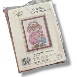 Vintage Golden Bee Clover Bunny Bedtime Cross Stitch Kit Easter Spring Decor